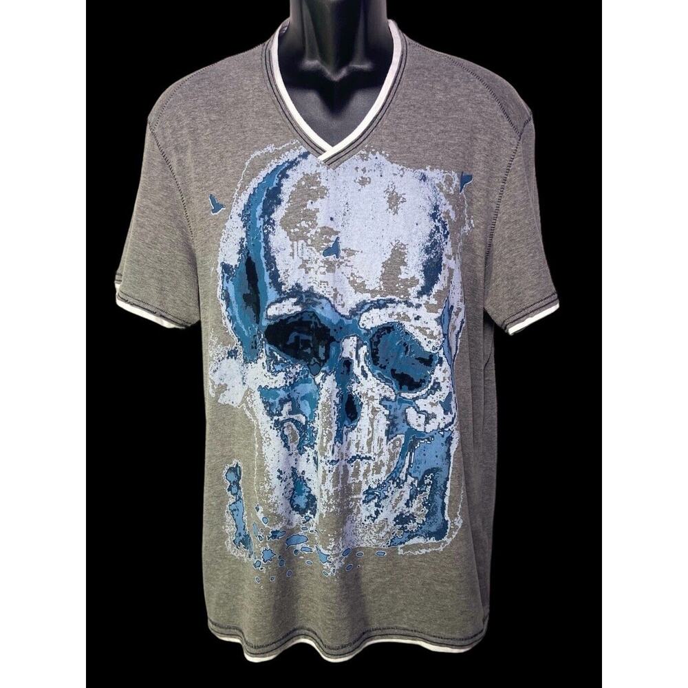 INC International Concepts Split V-Neck Short Sleeve Skull Gray T-Shirt Size L